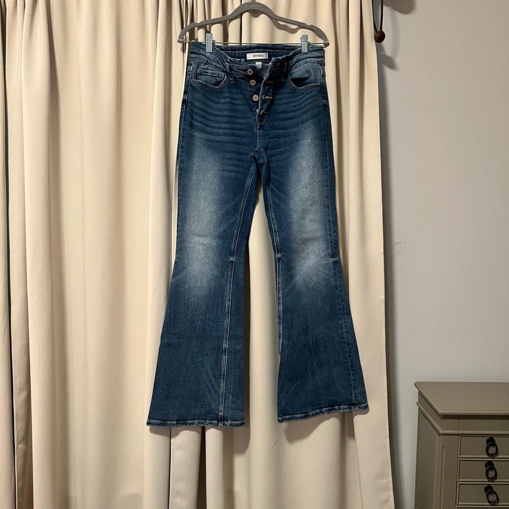 Zenana Medium Wash Flared Button-Fly Jeans